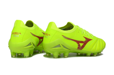 Men's Mizuno Morelia Neo 4 FG Firm Ground Low-Tops Football Boots - Lime/Electric Green/Crimson Red