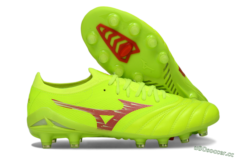 Men's Mizuno Morelia Neo 4 FG Firm Ground Low-Tops Football Boots - Lime/Electric Green/Crimson Red 2
