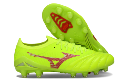Men's Mizuno Morelia Neo 4 FG Firm Ground Low-Tops Football Boots - Lime/Electric Green/Crimson Red