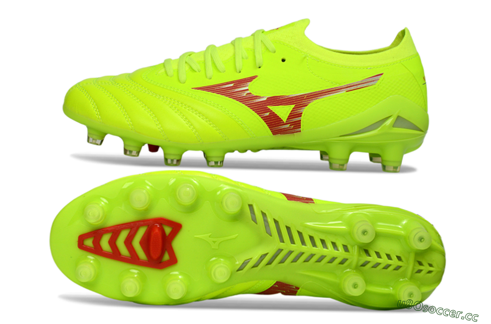 Men's Mizuno Morelia Neo 4 FG Firm Ground Low-Tops Football Boots - Lime/Electric Green/Crimson Red 1