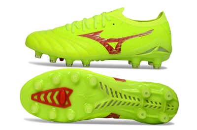 Men's Mizuno Morelia Neo 4 FG Firm Ground Low-Tops Football Boots - Lime/Electric Green/Crimson Red