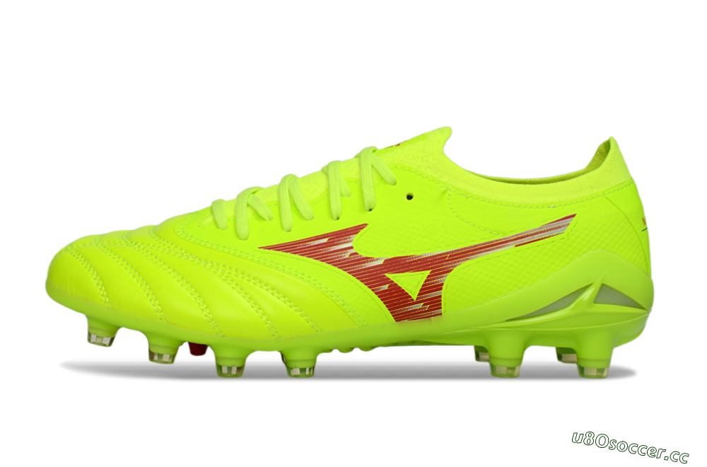 Men's Mizuno Morelia Neo 4 FG Firm Ground Low-Tops Football Boots - Lime/Electric Green/Crimson Red 0