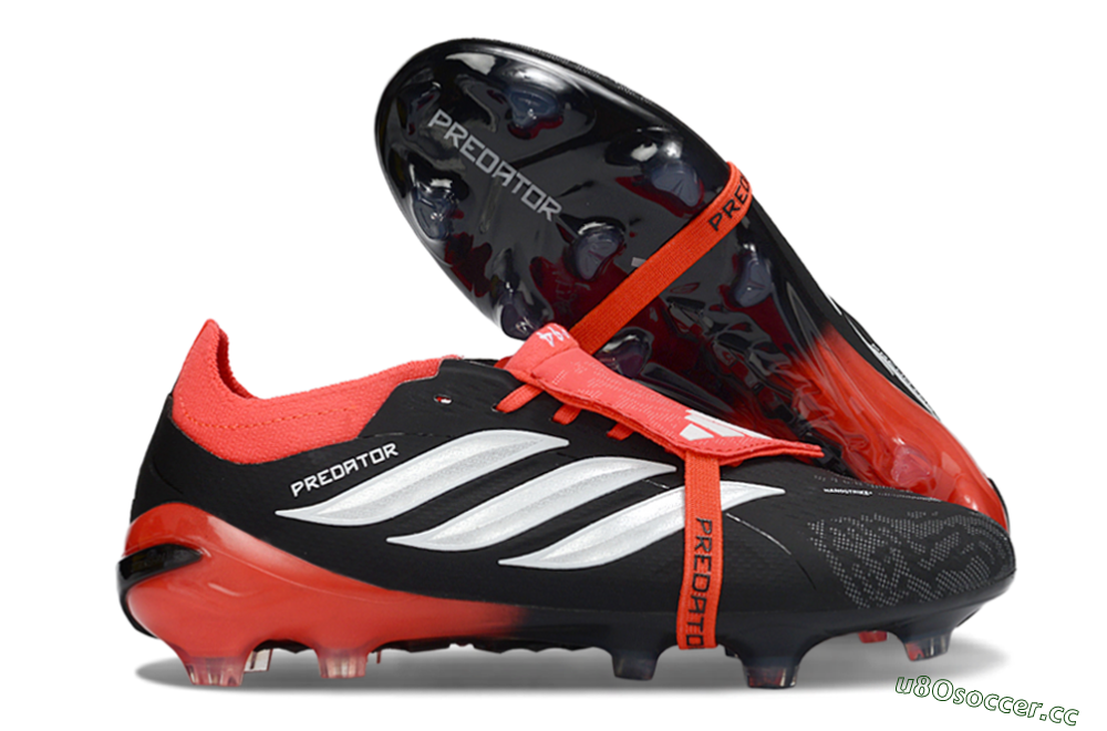 Unisex Adidas Predator 26 Elite Fold-Over Tongue FG Firm Ground Low-Tops Football Boots - Black/Crimson Red/Metallic Silver 2