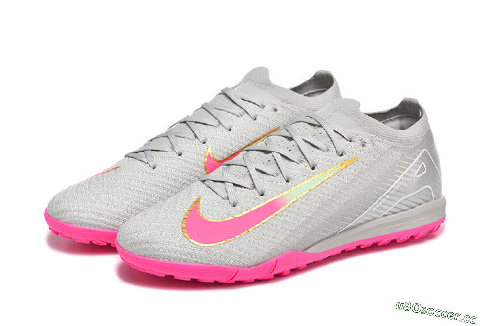 Men's Nike Air Zoom Mercurial Vapor 16 Elite TF Artificial Turf Low-Tops Football Shoes - Gray/Vibrant Pink/Metallic Gold 5