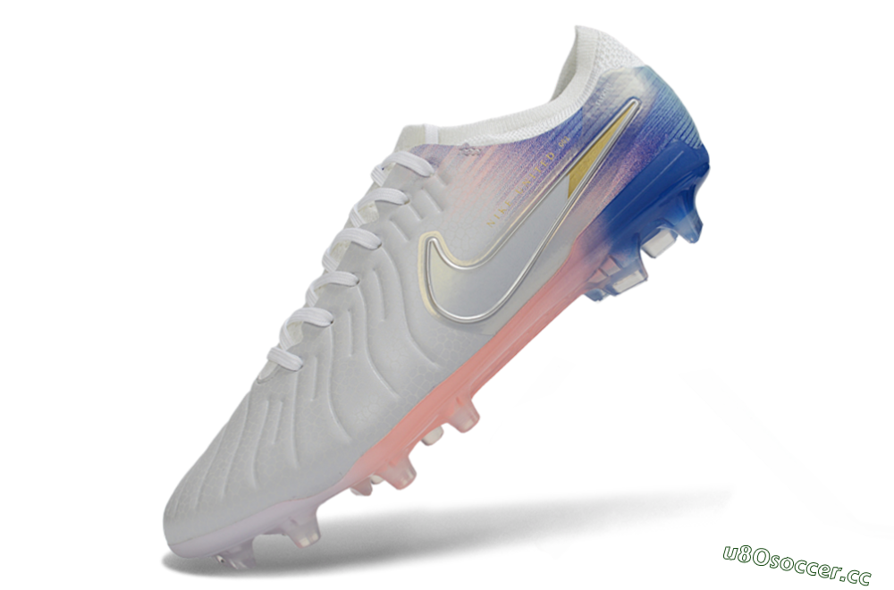 Men's Nike Tiempo Legend 10 Elite FG Firm Ground Low-Tops Football Boots - White/Coral Pink/Deep Blue 5