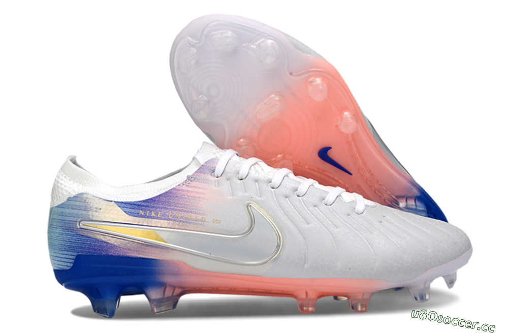 Men's Nike Tiempo Legend 10 Elite FG Firm Ground Low-Tops Football Boots - White/Coral Pink/Deep Blue 2