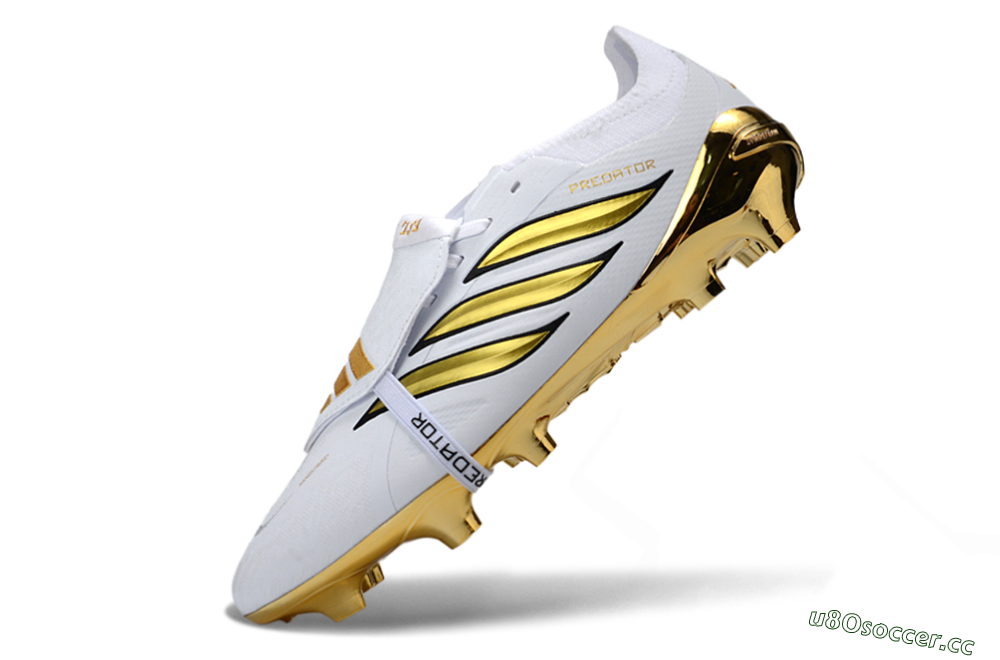 Unisex Adidas Predator 26 Elite Fold-Over Tongue FG Firm Ground Low-Tops Football Boots - White/Elegant Gold/Classic Black 5