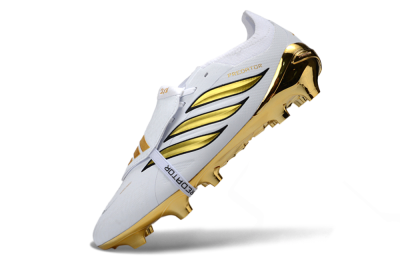 Unisex Adidas Predator 26 Elite Fold-Over Tongue FG Firm Ground Low-Tops Football Boots - White/Elegant Gold/Classic Black
