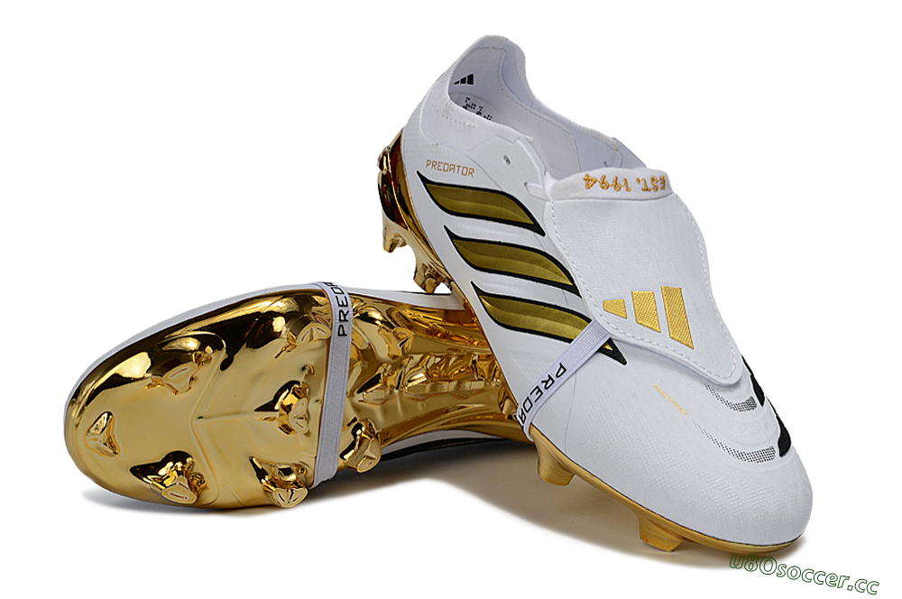 Unisex Adidas Predator 26 Elite Fold-Over Tongue FG Firm Ground Low-Tops Football Boots - White/Elegant Gold/Classic Black 3