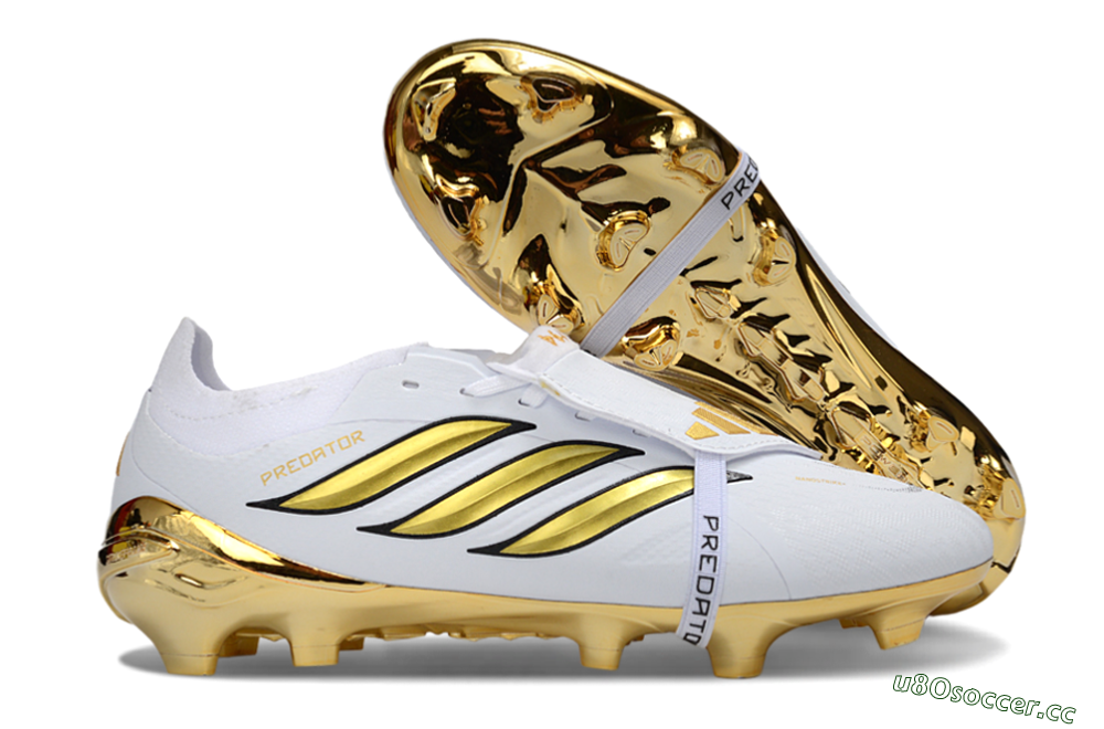 Unisex Adidas Predator 26 Elite Fold-Over Tongue FG Firm Ground Low-Tops Football Boots - White/Elegant Gold/Classic Black 2