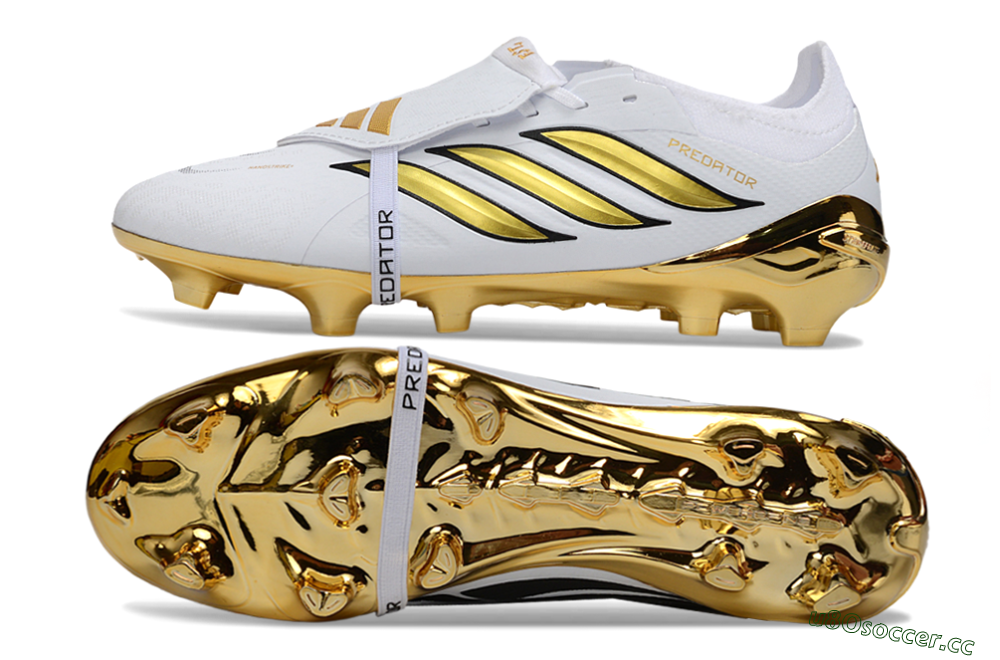 Unisex Adidas Predator 26 Elite Fold-Over Tongue FG Firm Ground Low-Tops Football Boots - White/Elegant Gold/Classic Black 1