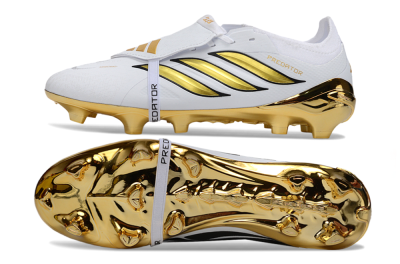 Unisex Adidas Predator 26 Elite Fold-Over Tongue FG Firm Ground Low-Tops Football Boots - White/Elegant Gold/Classic Black