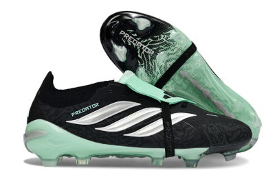 Men's Adidas Predator 26 Elite Fold-Over Tongue FG Firm Ground Low-Tops Football Boots - Black/Mint Green/Metallic Silver
