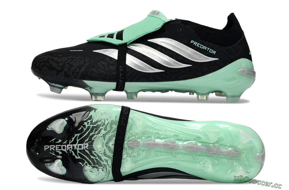 Men's Adidas Predator 26 Elite Fold-Over Tongue FG Firm Ground Low-Tops Football Boots - Black/Mint Green/Metallic Silver 1