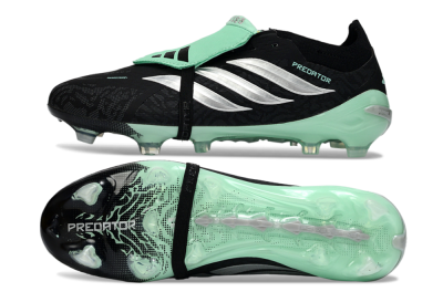 Men's Adidas Predator 26 Elite Fold-Over Tongue FG Firm Ground Low-Tops Football Boots - Black/Mint Green/Metallic Silver