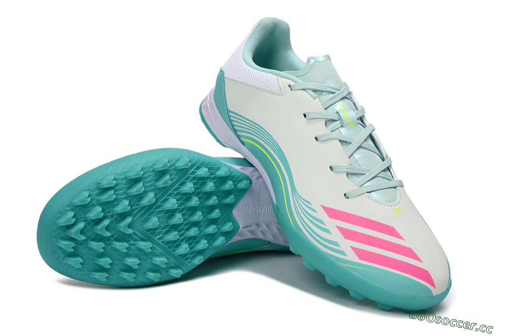 Men's Messi x Adidas F50 Pro TF Artificial Turf Low-Tops Football Shoes - Aqua/Coral Pink/Light Green 3