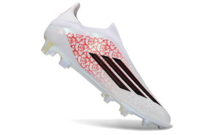 Men's Adidas F50 Elite Laceless FG Firm Ground Low-Tops Football Boots - White/Scarlet Roses/Iridescent Sole