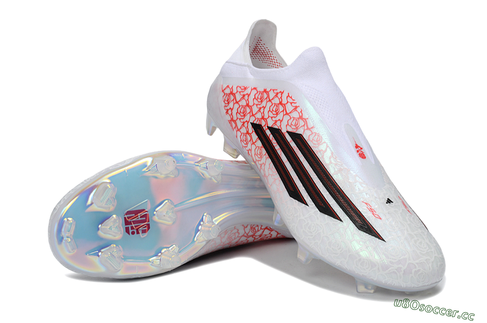Men's Adidas F50 Elite Laceless FG Firm Ground Low-Tops Football Boots - White/Scarlet Roses/Iridescent Sole 3