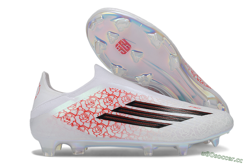 Men's Adidas F50 Elite Laceless FG Firm Ground Low-Tops Football Boots - White/Scarlet Roses/Iridescent Sole 2