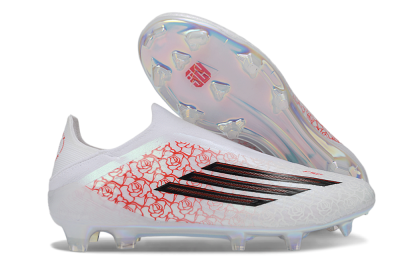 Men's Adidas F50 Elite Laceless FG Firm Ground Low-Tops Football Boots - White/Scarlet Roses/Iridescent Sole