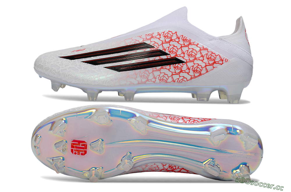 Men's Adidas F50 Elite Laceless FG Firm Ground Low-Tops Football Boots - White/Scarlet Roses/Iridescent Sole 1