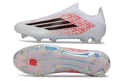 Men's Adidas F50 Elite Laceless FG Firm Ground Low-Tops Football Boots - White/Scarlet Roses/Iridescent Sole