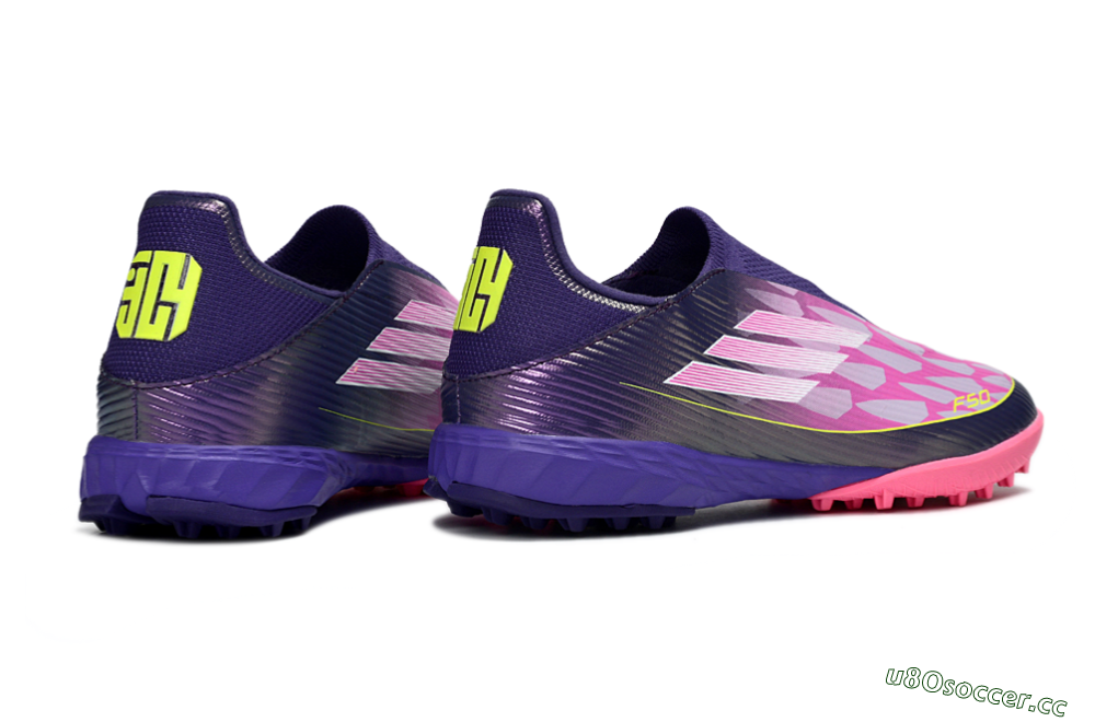 Men's Adidas F50 Pro Laceless TF Artificial Turf Low-Tops Football Shoes - Purple/Bright Pink/Neon Yellow 6