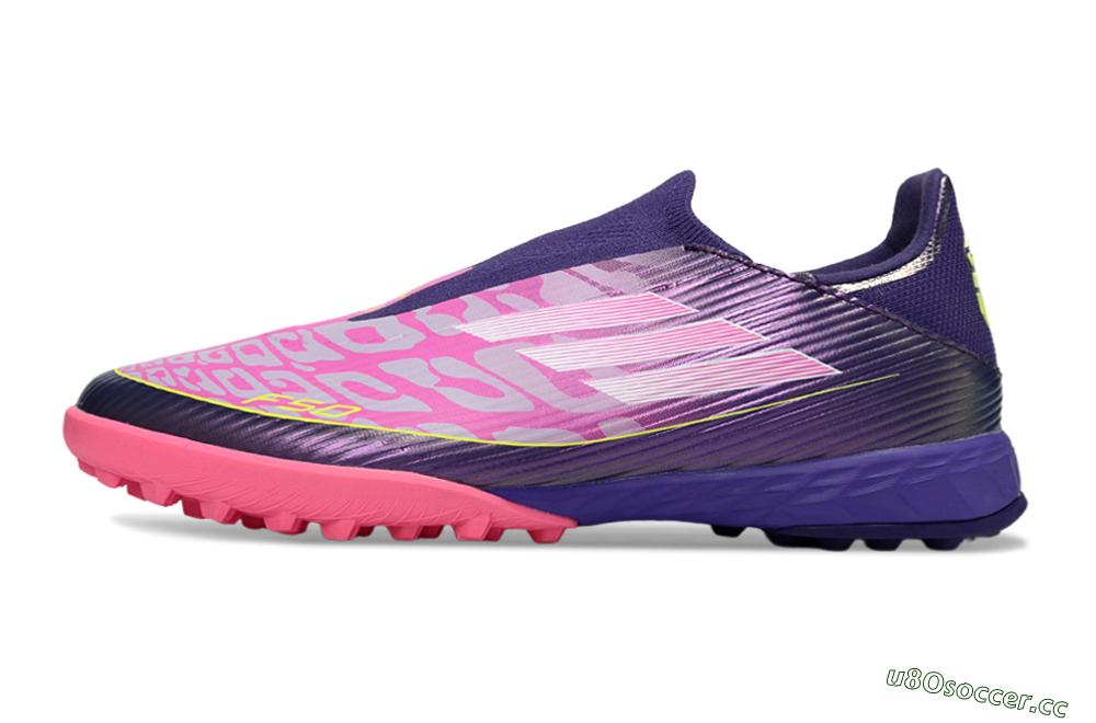 Men's Adidas F50 Pro Laceless TF Artificial Turf Low-Tops Football Shoes - Purple/Bright Pink/Neon Yellow 0