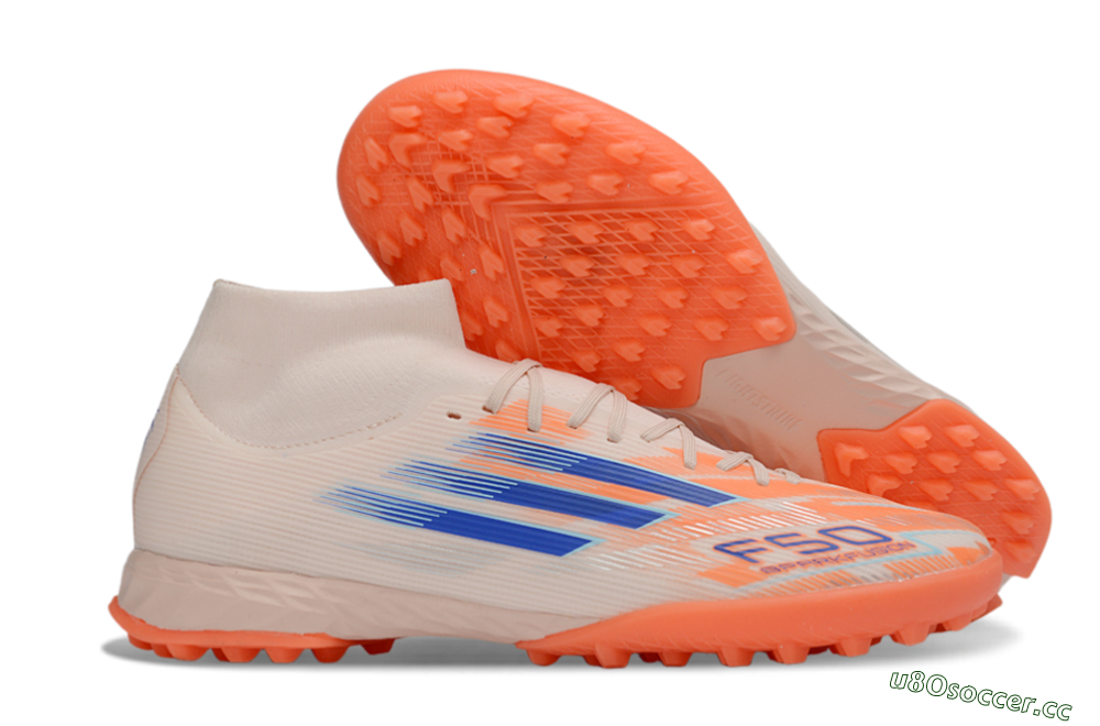 Men's Adidas F50 Elite Mid TF Artificial Turf High-Tops Football Shoes - Peach/Electric Orange/Classic Blue 2