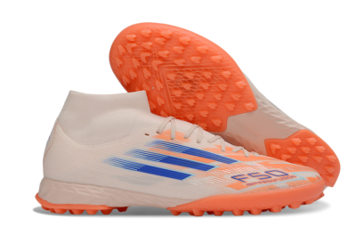 Men's Adidas F50 Elite Mid TF Artificial Turf High-Tops Football Shoes - Peach/Electric Orange/Classic Blue