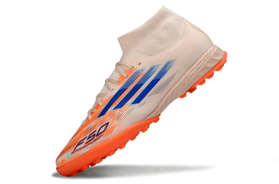 Men's Adidas F50 Elite Mid TF Artificial Turf High-Tops Football Shoes - Peach/Electric Orange/Classic Blue
