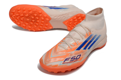 Men's Adidas F50 Elite Mid TF Artificial Turf High-Tops Football Shoes - Peach/Electric Orange/Classic Blue