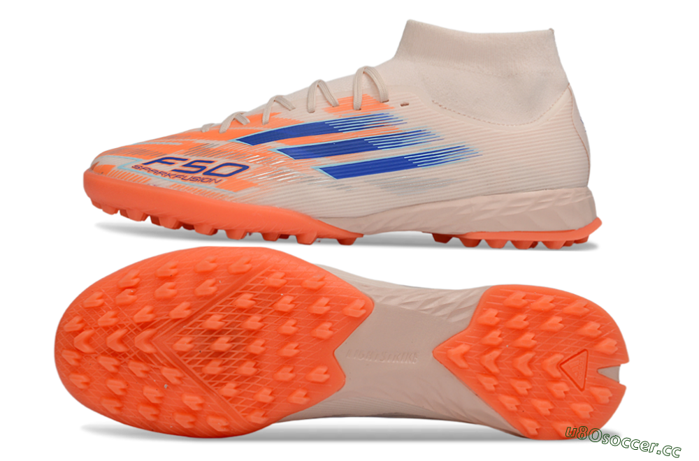 Men's Adidas F50 Elite Mid TF Artificial Turf High-Tops Football Shoes - Peach/Electric Orange/Classic Blue 1