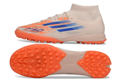 Men's Adidas F50 Elite Mid TF Artificial Turf High-Tops Football Shoes - Peach/Electric Orange/Classic Blue