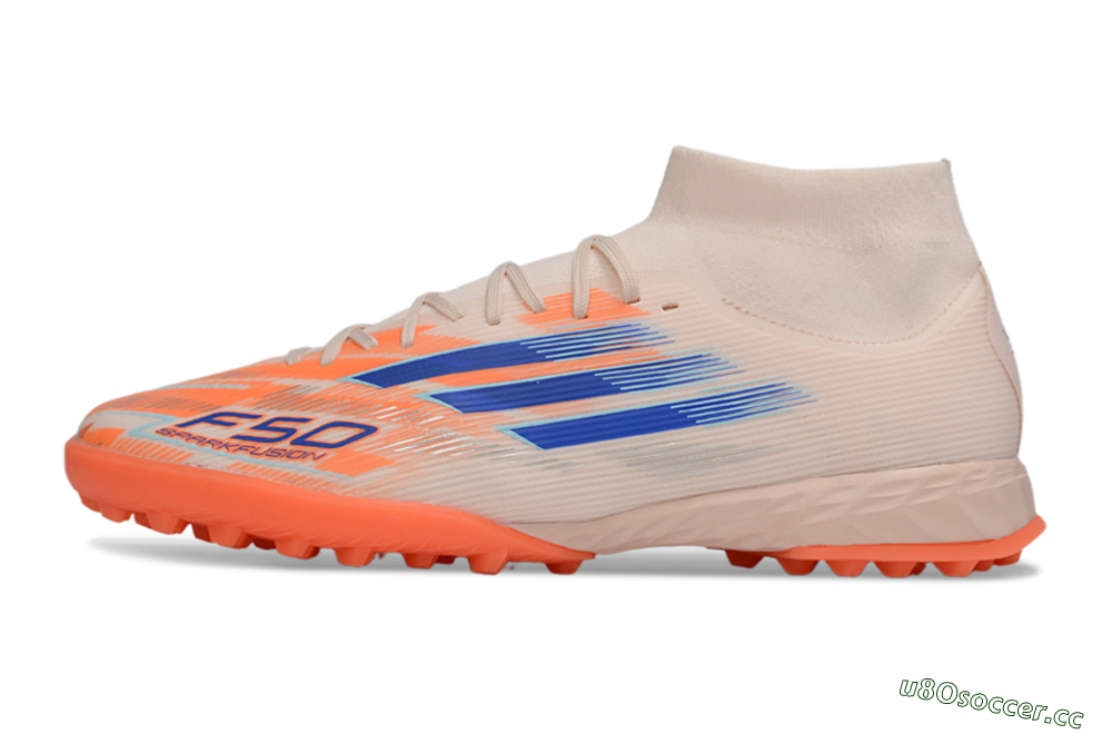 Men's Adidas F50 Elite Mid TF Artificial Turf High-Tops Football Shoes - Peach/Electric Orange/Classic Blue 0