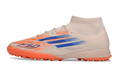 Men's Adidas F50 Elite Mid TF Artificial Turf High-Tops Football Shoes - Peach/Electric Orange/Classic Blue