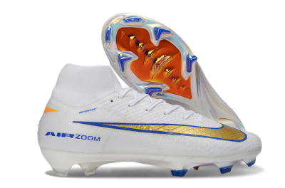 Unisex Nike Air Zoom Mercurial Superfly 10 Elite FG Firm Ground High-Tops Football Boots - White/Metallic Gold/Blue