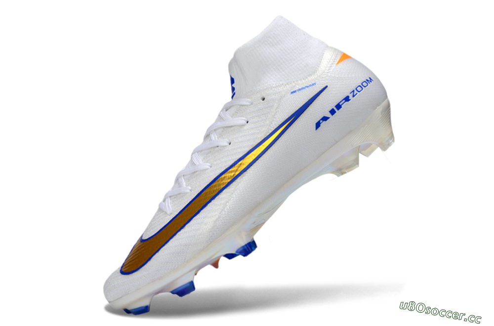 Unisex Nike Air Zoom Mercurial Superfly 10 Elite FG Firm Ground High-Tops Football Boots - White/Metallic Gold/Blue 5