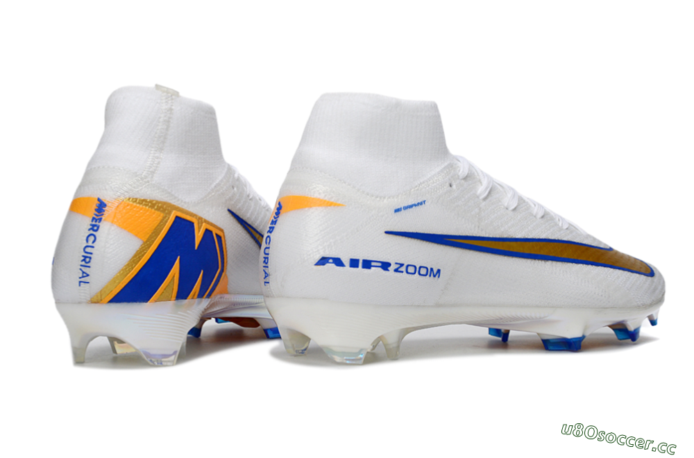 Unisex Nike Air Zoom Mercurial Superfly 10 Elite FG Firm Ground High-Tops Football Boots - White/Metallic Gold/Blue 6