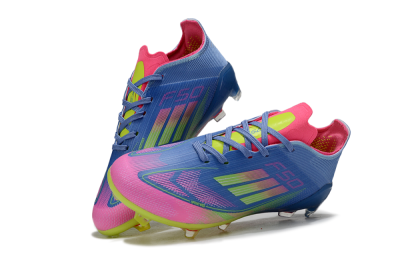 Kids Adidas F50 Elite FG Firm Ground Low-Tops Football Boots - Blue/Neon Pink/Neon Yellow