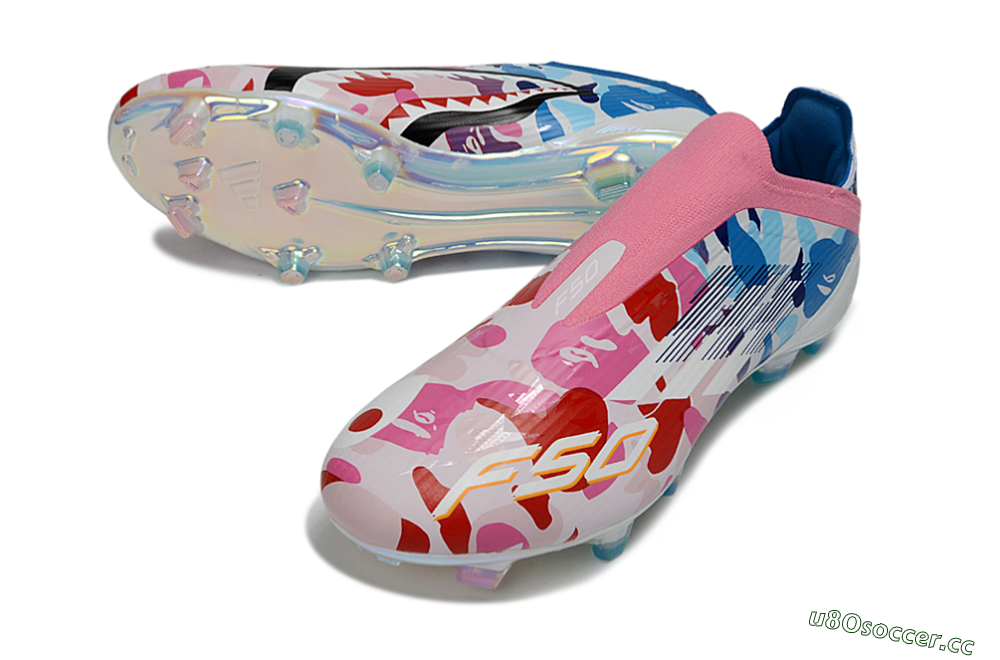 Unisex Adidas F50 Elite Laceless FG Firm Ground Low-Tops Football Boots - Pink/Coral Blush/Cerulean Blue 3