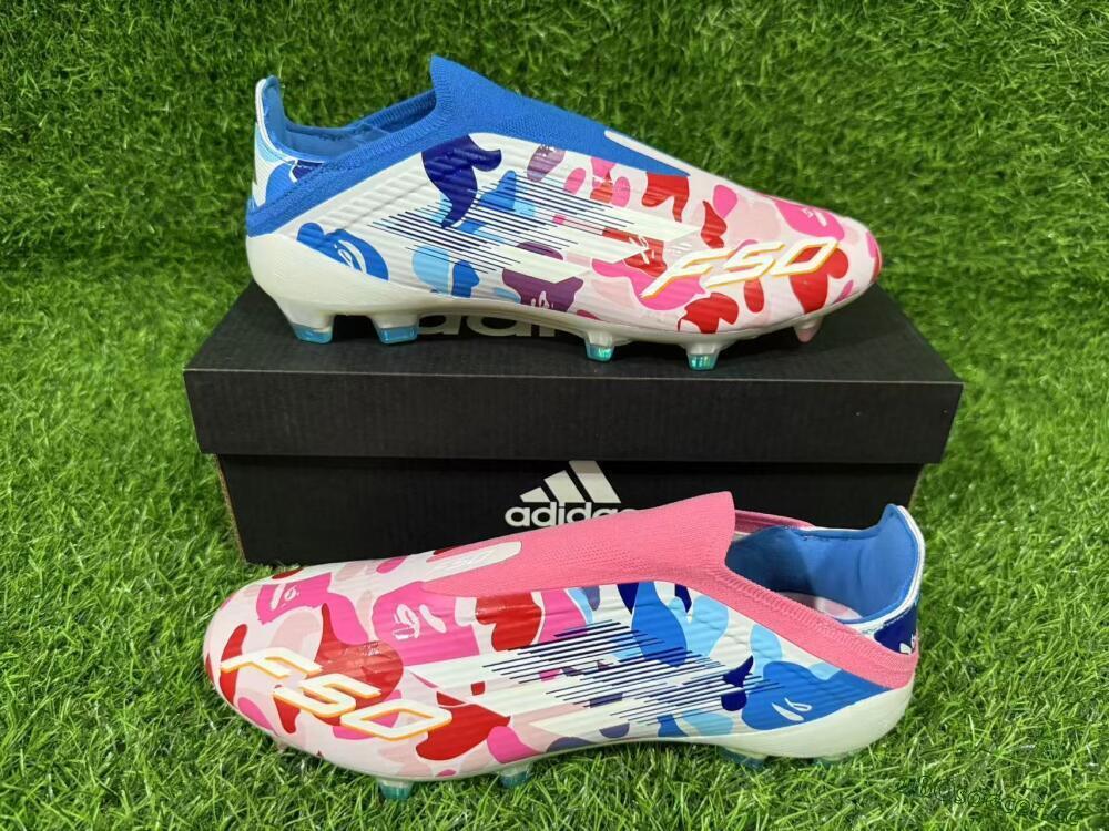 Unisex Adidas F50 Elite Laceless FG Firm Ground Low-Tops Football Boots - Pink/Coral Blush/Cerulean Blue