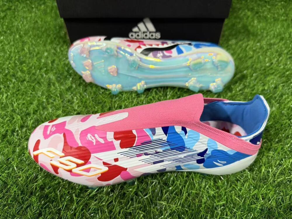 Unisex Adidas F50 Elite Laceless FG Firm Ground Low-Tops Football Boots - Pink/Coral Blush/Cerulean Blue