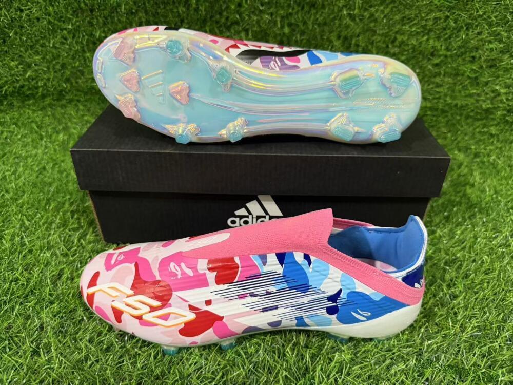 Unisex Adidas F50 Elite Laceless FG Firm Ground Low-Tops Football Boots - Pink/Coral Blush/Cerulean Blue