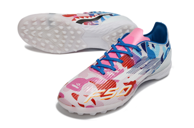 Unisex Adidas F50 Pro TF Artificial Turf Low-Tops Football Shoes - Pink/Ocean Blue/Pastel Red