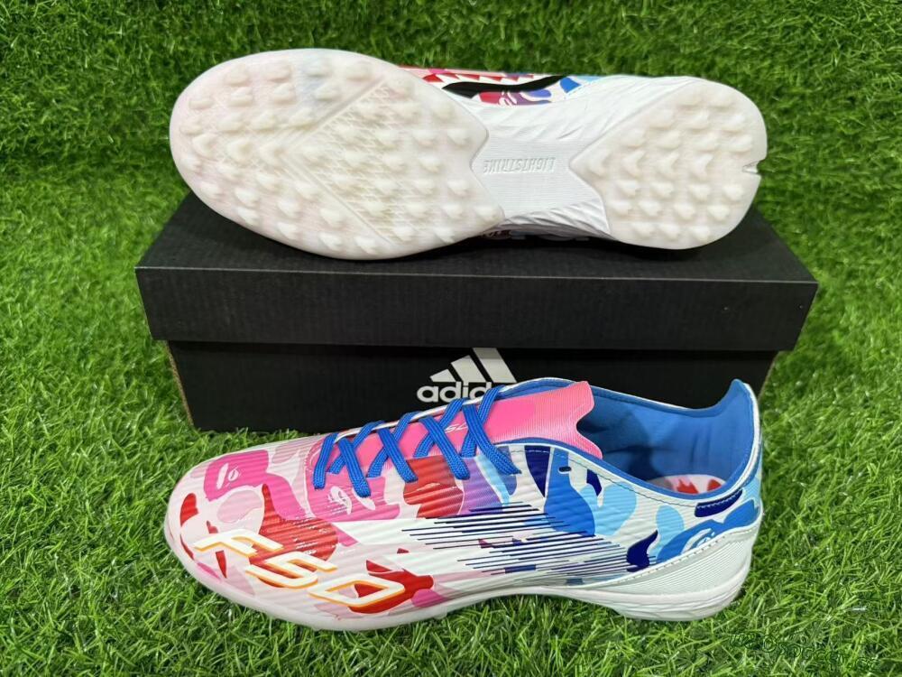 Unisex Adidas F50 Pro TF Artificial Turf Low-Tops Football Shoes - Pink/Ocean Blue/Pastel Red