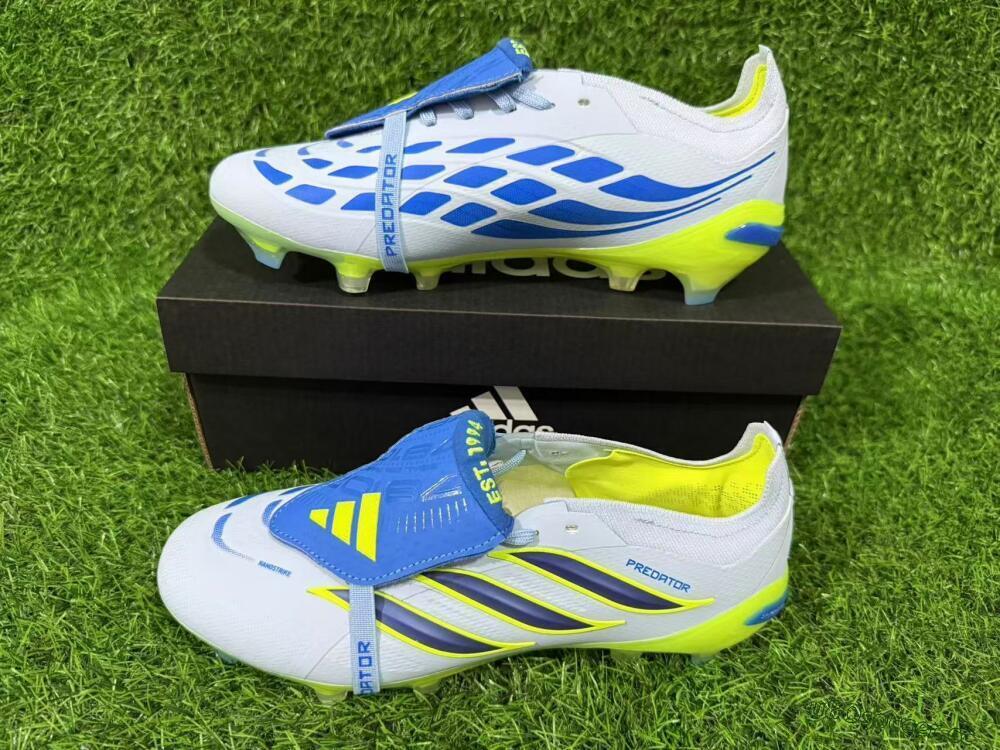Unisex Adidas Predator 26 Elite Fold-Over Tongue FG Firm Ground Low-Tops Football Boots - Blue/Neon Yellow/Cool Gray