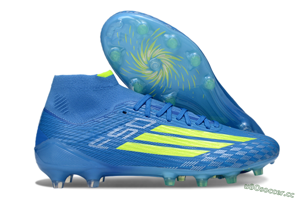 Men's Adidas F50 Elite Mid AG Artificial Grass High-Tops Football Boots - Blue/Electric Blue/Neon Green 2