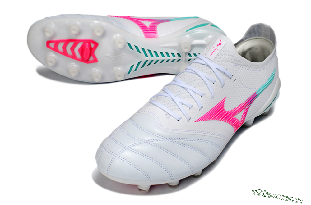 Men's Mizuno Morelia Neo 4 FG Firm Ground Low-Tops Football Boots - White/Neon Pink/Teal 3