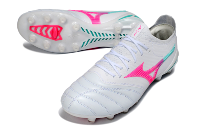 Men's Mizuno Morelia Neo 4 FG Firm Ground Low-Tops Football Boots - White/Neon Pink/Teal